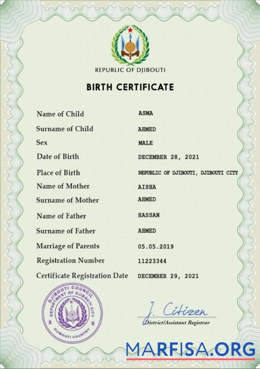 Downloadable Djibouti vital record birth certificate PSD template